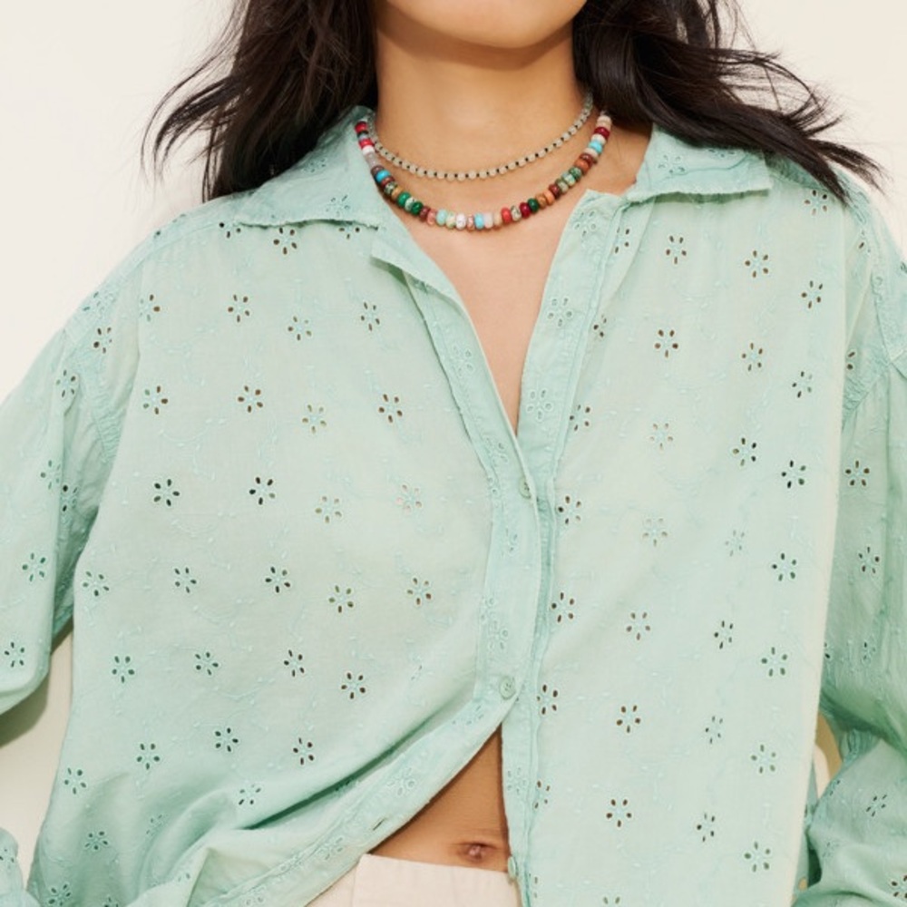 NWOT We The Free Light Green Eyelet Button-Down Shirt - Picture 4 of 8